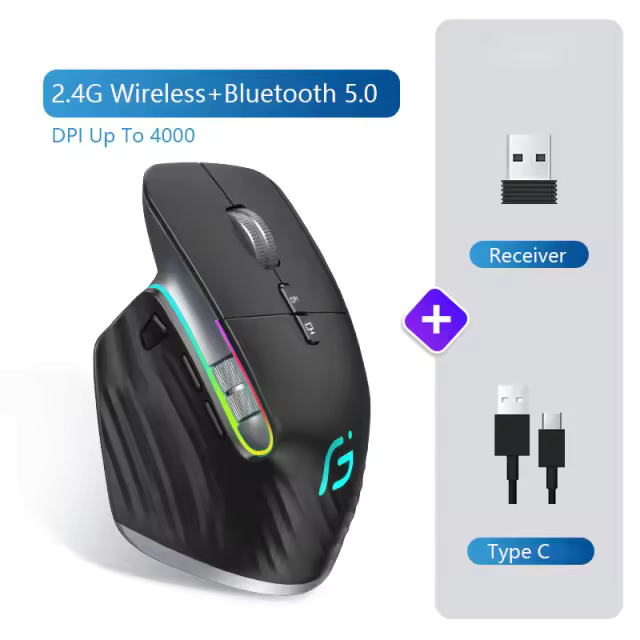002 Multi-Device Wireless Mouse Bluetooth 5.0 & 3.0 Mouse 2.4G Wireless Portable Optical Mouse Ergonomic Right Hand Computer Mice